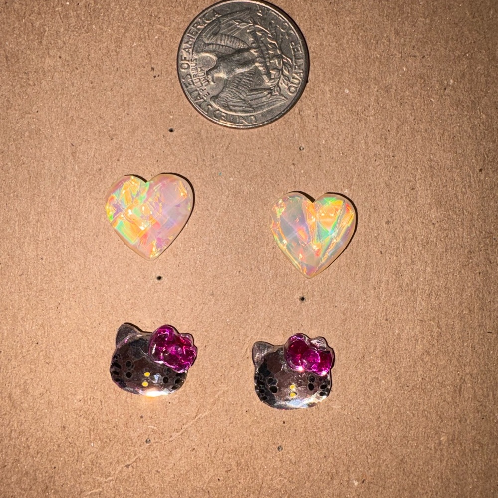 Cute Iridescent Heart and Kitty Stud Earring Set - Pink Accents